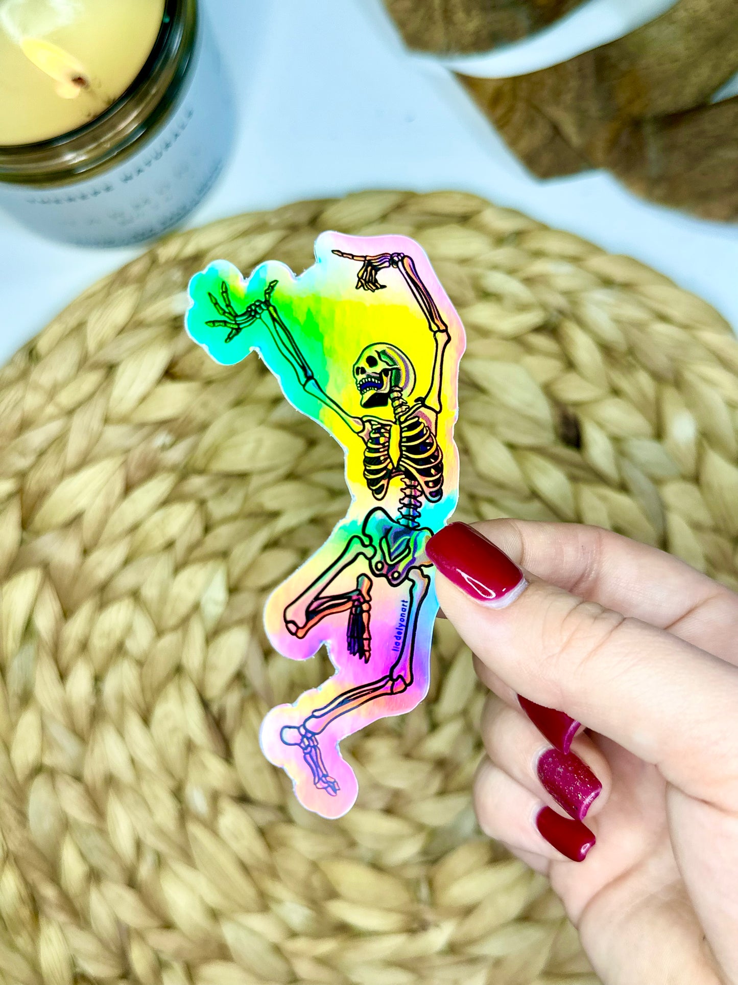 Dancing Skeleton Holographic Sticker, 4x2.2 in