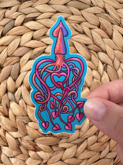 Heart Squid Vinyl Sticker, 1.7x3.3 in.