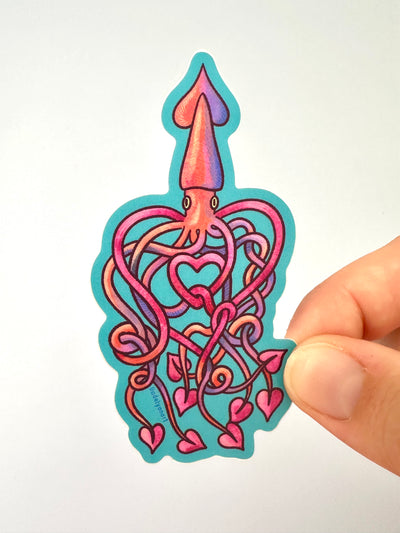 Heart Squid Vinyl Sticker, 1.7x3.3 in.