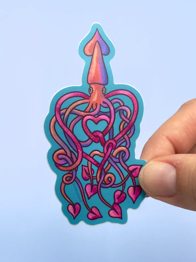 Heart Squid Vinyl Sticker, 1.7x3.3 in.