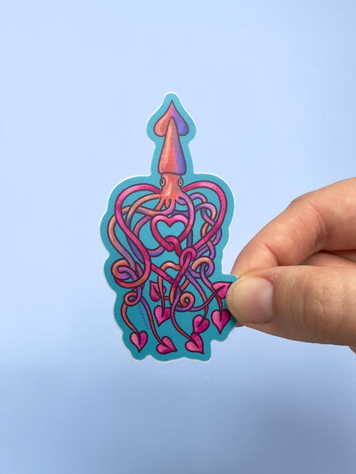 Heart Squid Vinyl Sticker, 1.7x3.3 in.