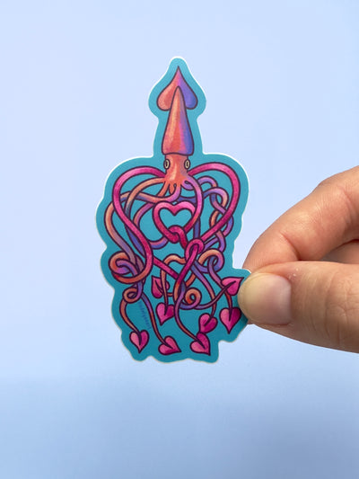Heart Squid Vinyl Sticker, 1.7x3.3 in.