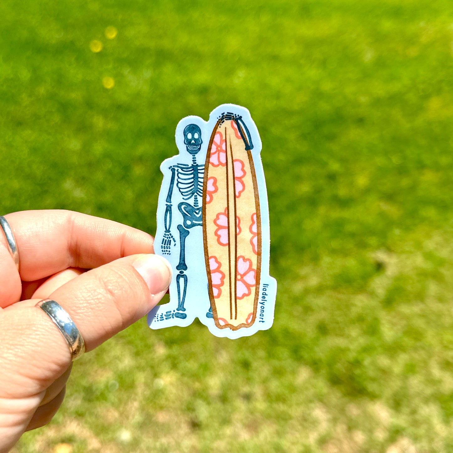 Skeleton Surfer Dude Vinyl Sticker, 1.6x3 in.