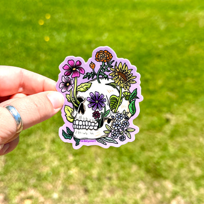 Flower Skull Vinyl Sticker, 3x2.5 in.