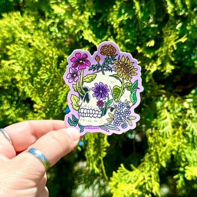 Flower Skull Vinyl Sticker, 3x2.5 in.