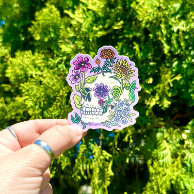 Flower Skull Vinyl Sticker, 3x2.5 in.