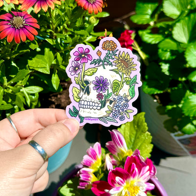 Flower Skull Vinyl Sticker, 3x2.5 in.