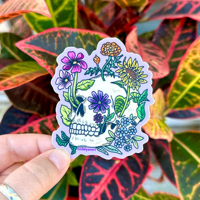 Flower Skull Vinyl Sticker, 3x2.5 in.