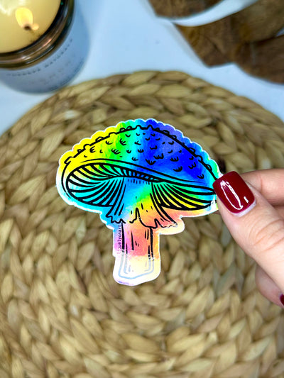 Amanita Mushroom Holographic Vinyl Sticker, 3x2.91 in.