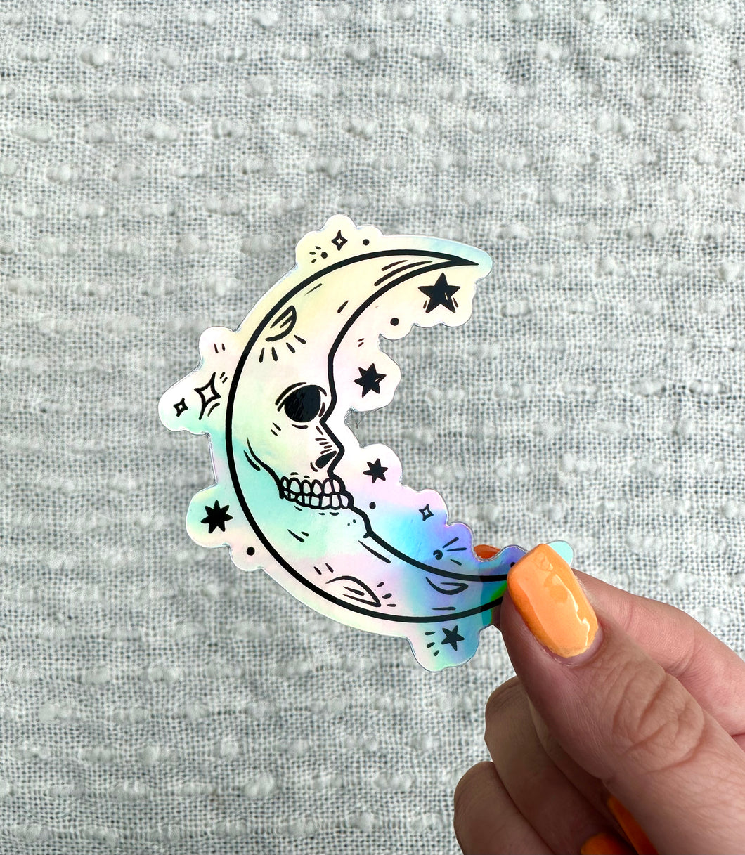 Skull Moon and Stars Holographic Vinyl Sticker, 3x2.7 in.