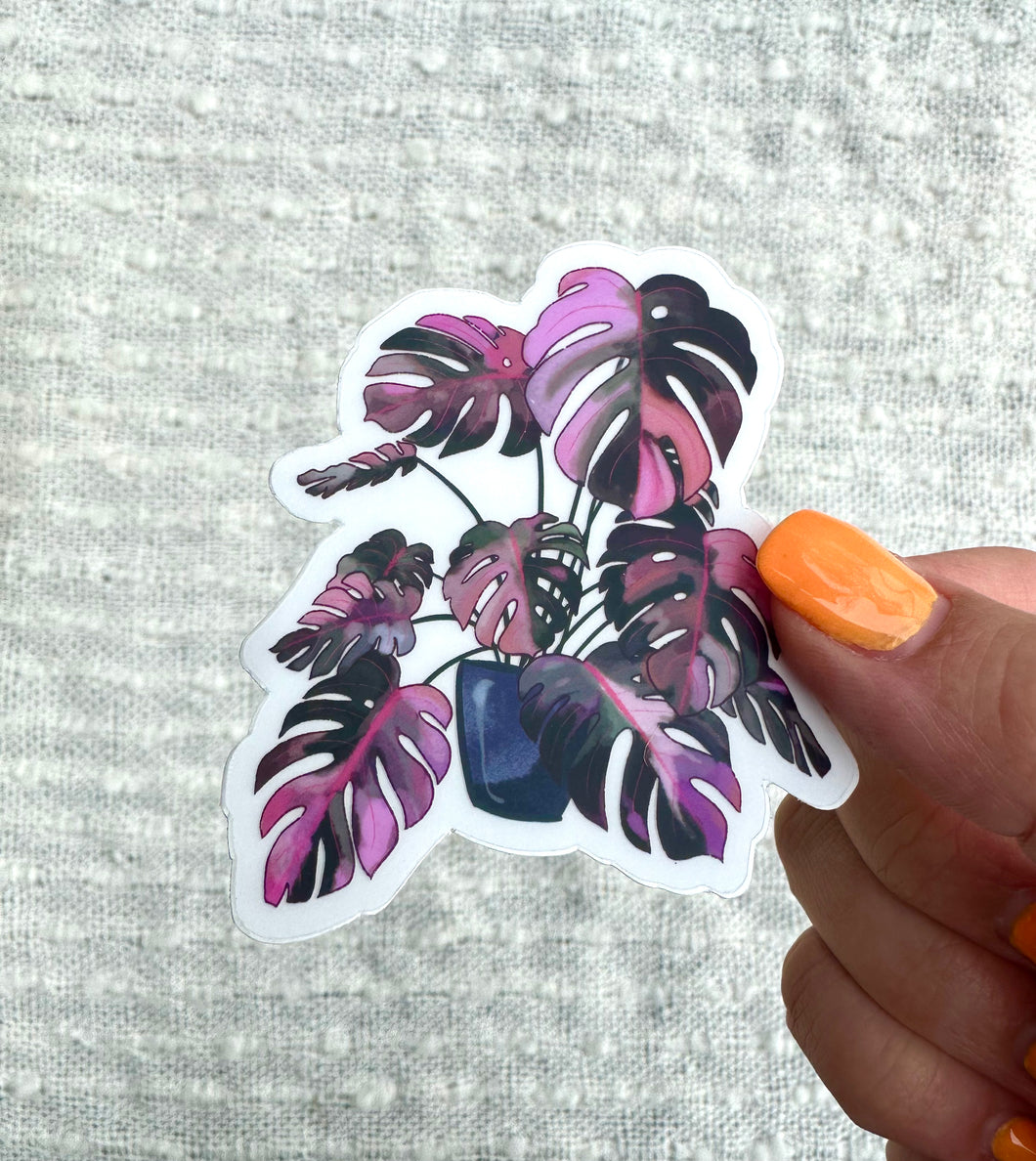 Pink Monstera Clear Vinyl Sticker, 2.5x3 in.