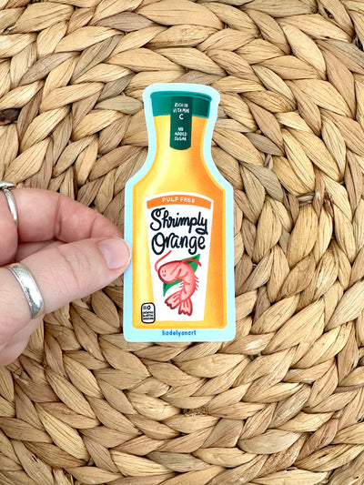 Shrimp Orange Juice Vinyl Sticker, 1.7x4.2 in.