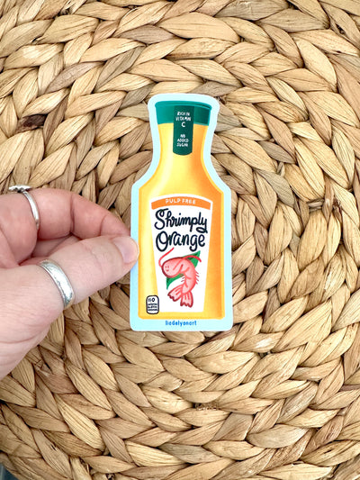 Shrimp Orange Juice Vinyl Sticker, 1.7x4.2 in.