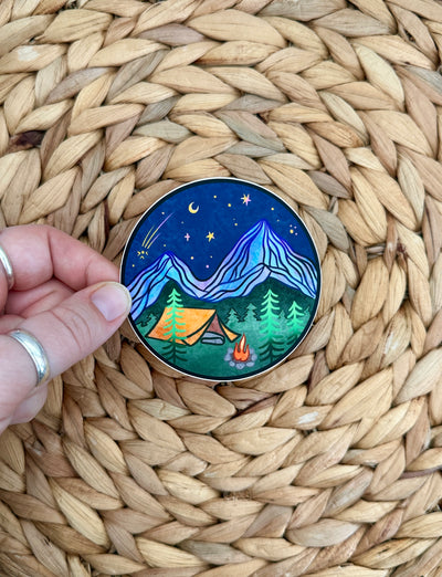 Mountain Camping Vinyl Sticker, 3x3 in.