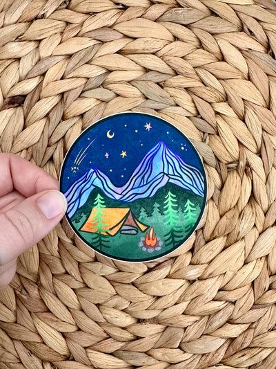 Mountain Camping Vinyl Sticker, 3x3 in.