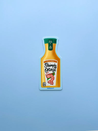 Shrimp Orange Juice Vinyl Sticker, 1.7x4.2 in.