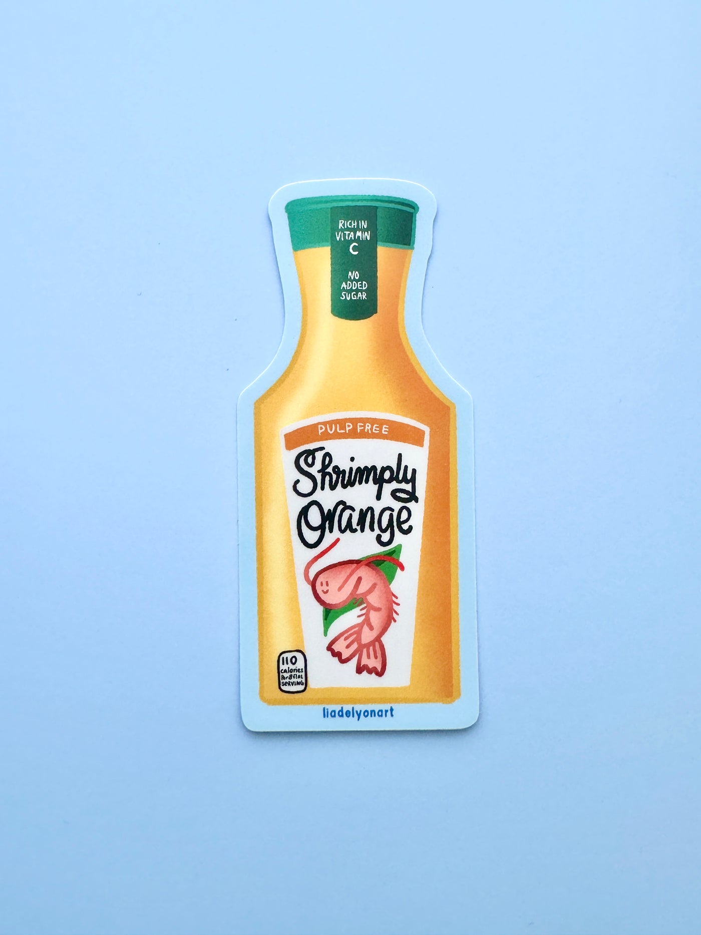Shrimp Orange Juice Vinyl Sticker, 1.7x4.2 in.