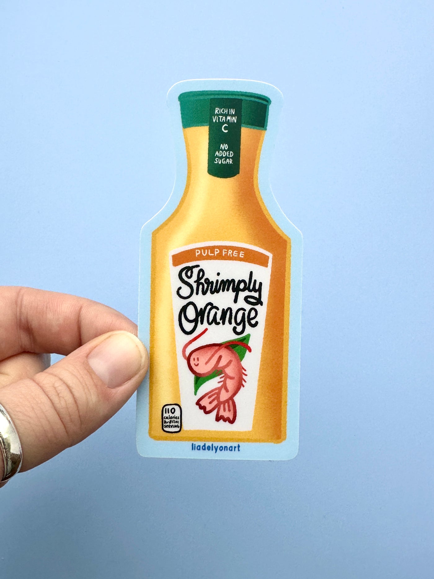 Shrimp Orange Juice Vinyl Sticker, 1.7x4.2 in.