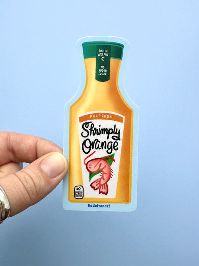 Shrimp Orange Juice Vinyl Sticker, 1.7x4.2 in.