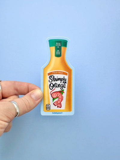 Shrimp Orange Juice Vinyl Sticker, 1.7x4.2 in.