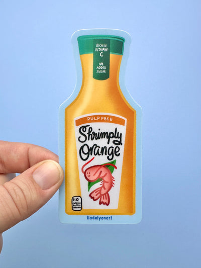 Shrimp Orange Juice Vinyl Sticker, 1.7x4.2 in.