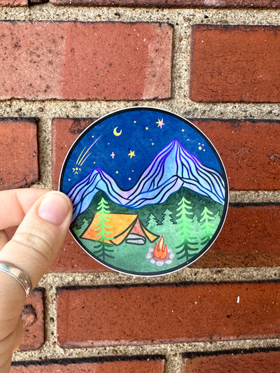 Mountain Camping Vinyl Sticker, 3x3 in.