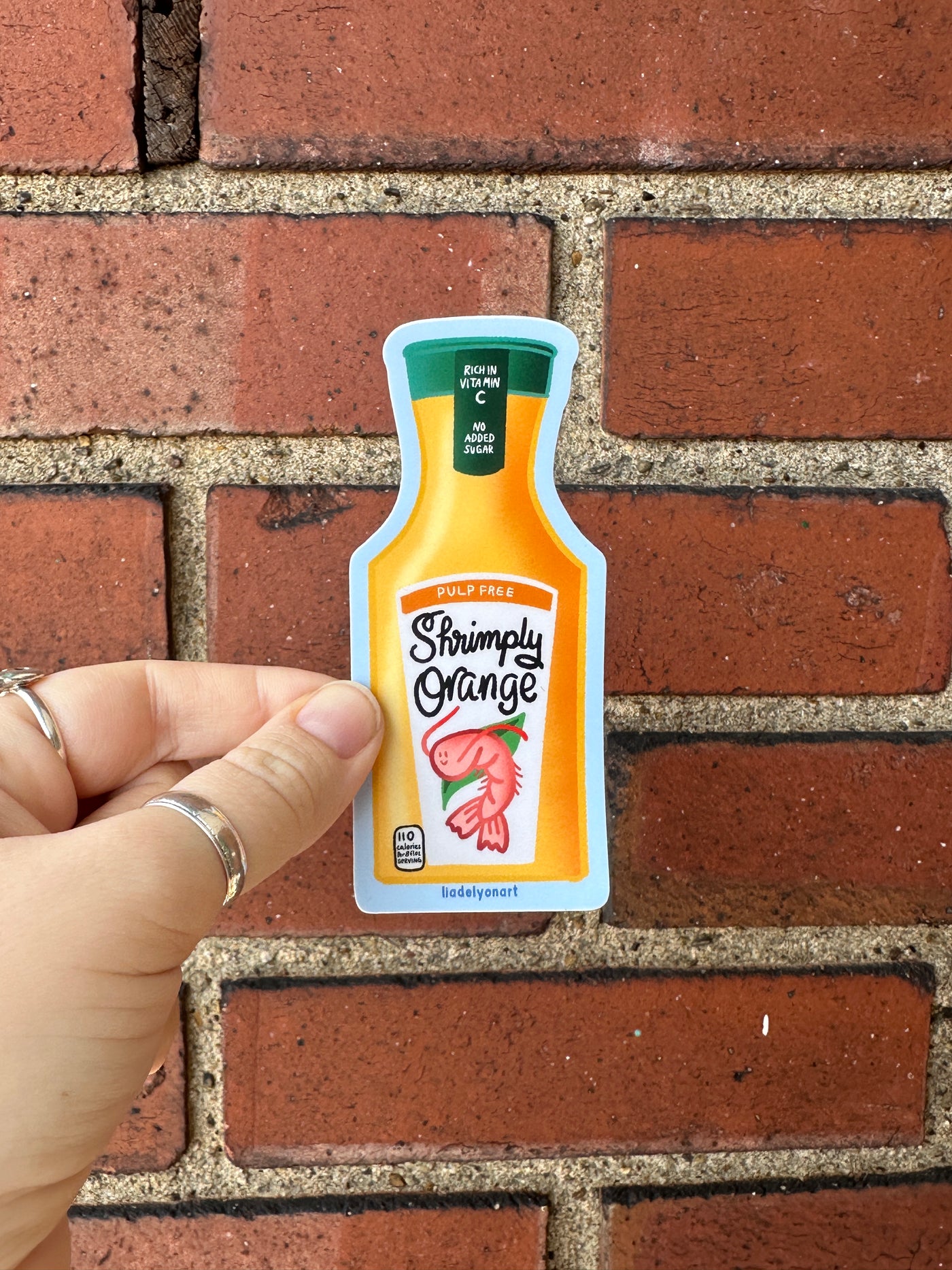 Shrimp Orange Juice Vinyl Sticker, 1.7x4.2 in.
