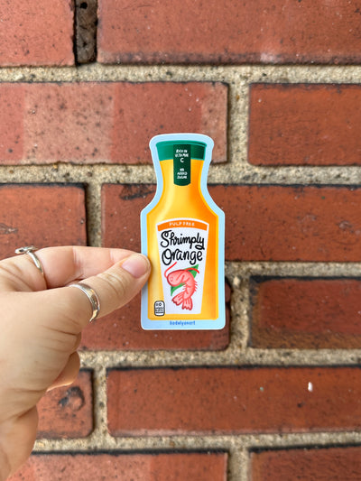 Shrimp Orange Juice Vinyl Sticker, 1.7x4.2 in.