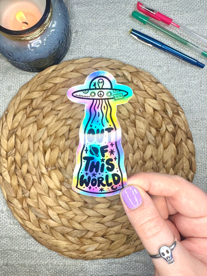 UFO Alien Holographic Sticker, 3.5x1.6 in.