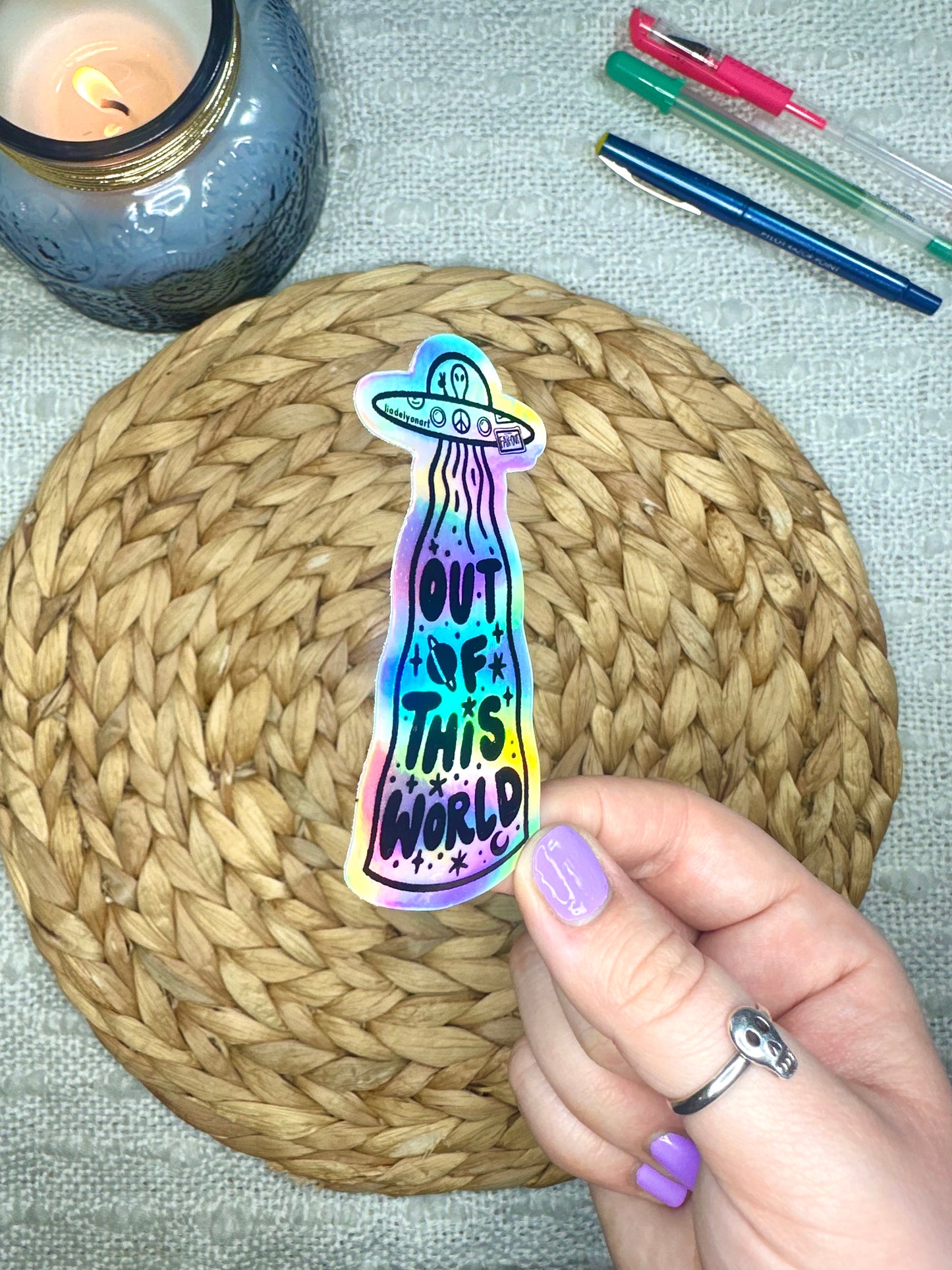 UFO Alien Holographic Sticker, 3.5x1.6 in.