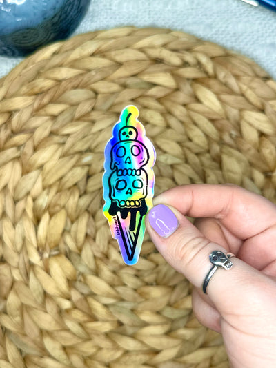Skull Ice Cream Cone Holographic Sticker, 3.2 x 1