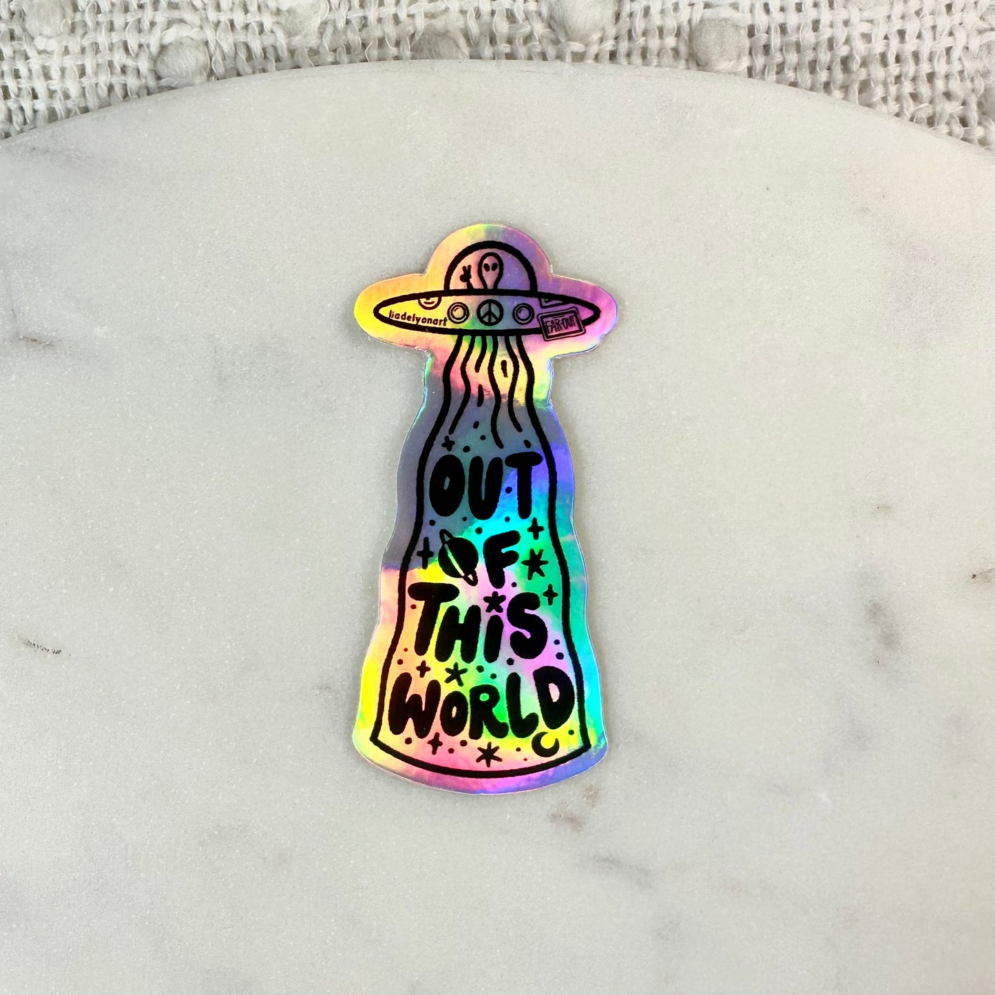 UFO Alien Holographic Sticker, 3.5x1.6 in.