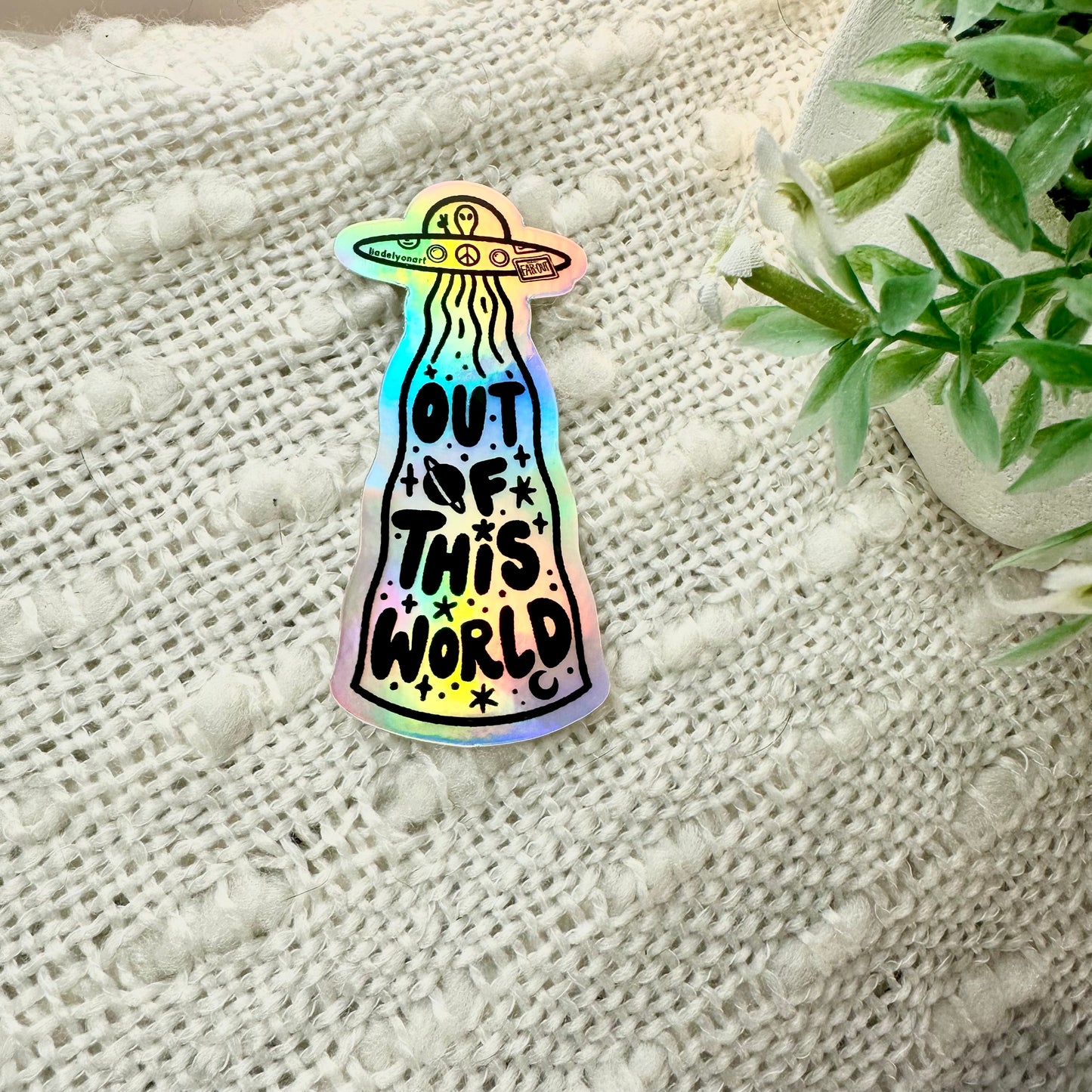 UFO Alien Holographic Sticker, 3.5x1.6 in.