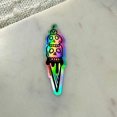 Skull Ice Cream Cone Holographic Sticker, 3.2 x 1