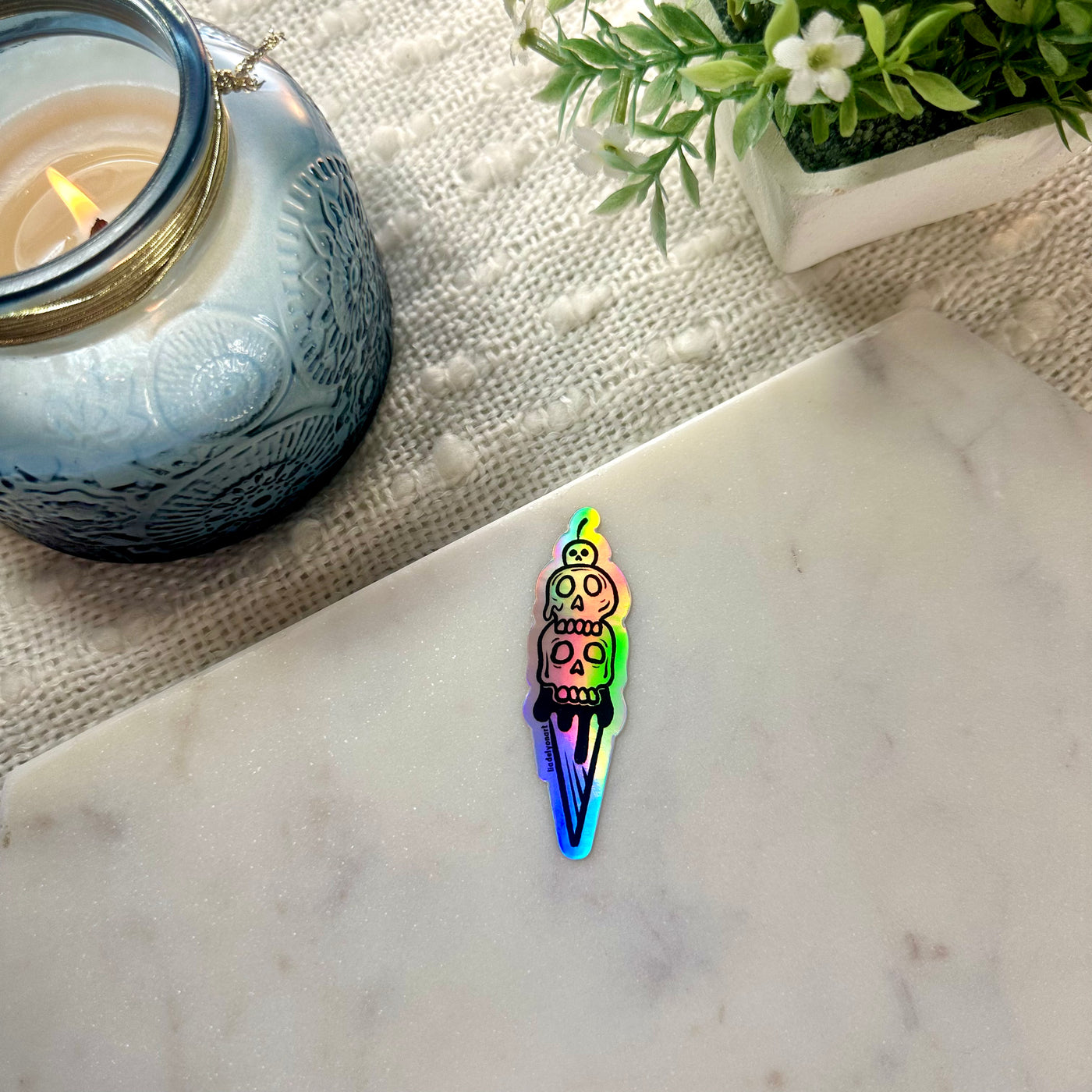 Skull Ice Cream Cone Holographic Sticker, 3.2 x 1