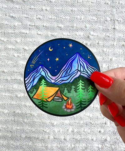 Mountain Camping Vinyl Sticker, 3x3 in.