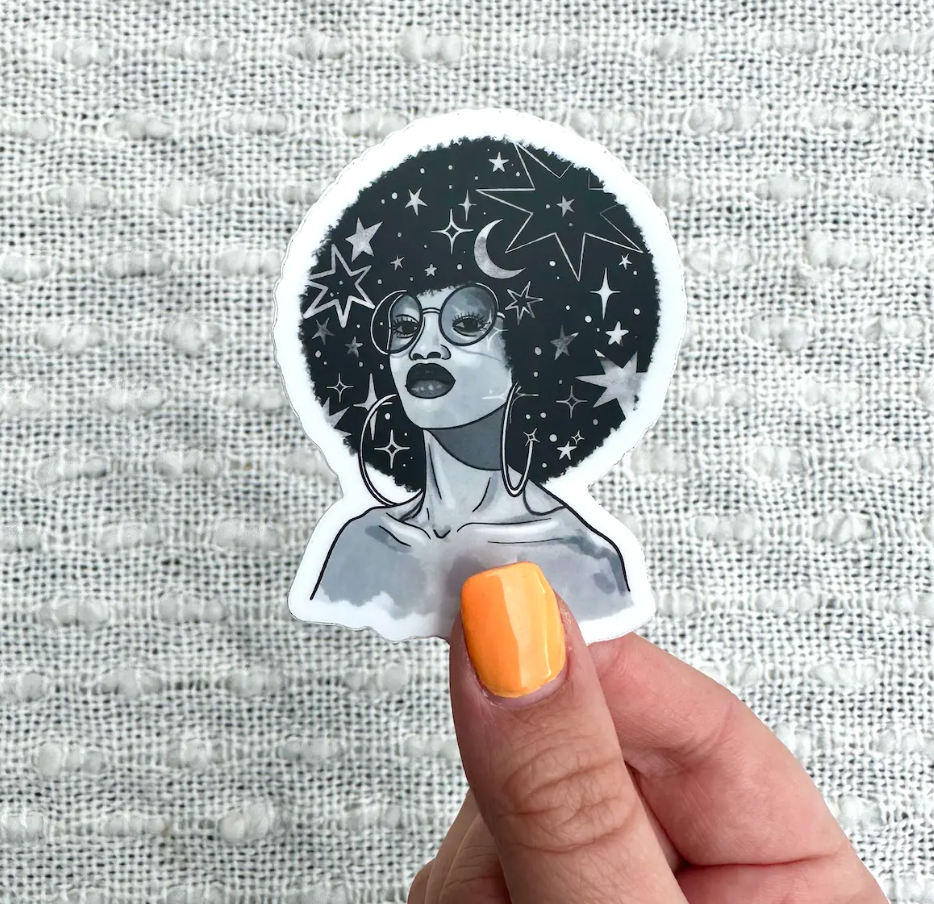 Starry Haired Goddess Vinyl Sticker, 3x2 in.