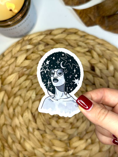 Starry Haired Goddess Vinyl Sticker, 3x2 in.