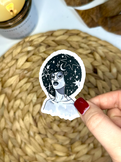 Starry Haired Goddess Vinyl Sticker, 3x2 in.