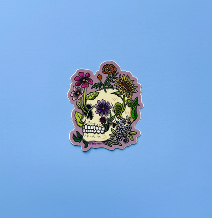 Flower Skull Vinyl Sticker, 3x2.5 in.