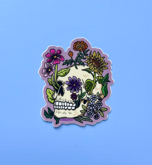 Flower Skull Vinyl Sticker, 3x2.5 in.