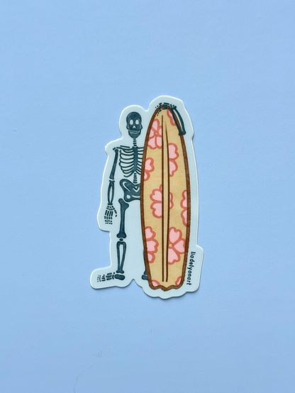 Skeleton Surfer Dude Vinyl Sticker, 1.6x3 in.