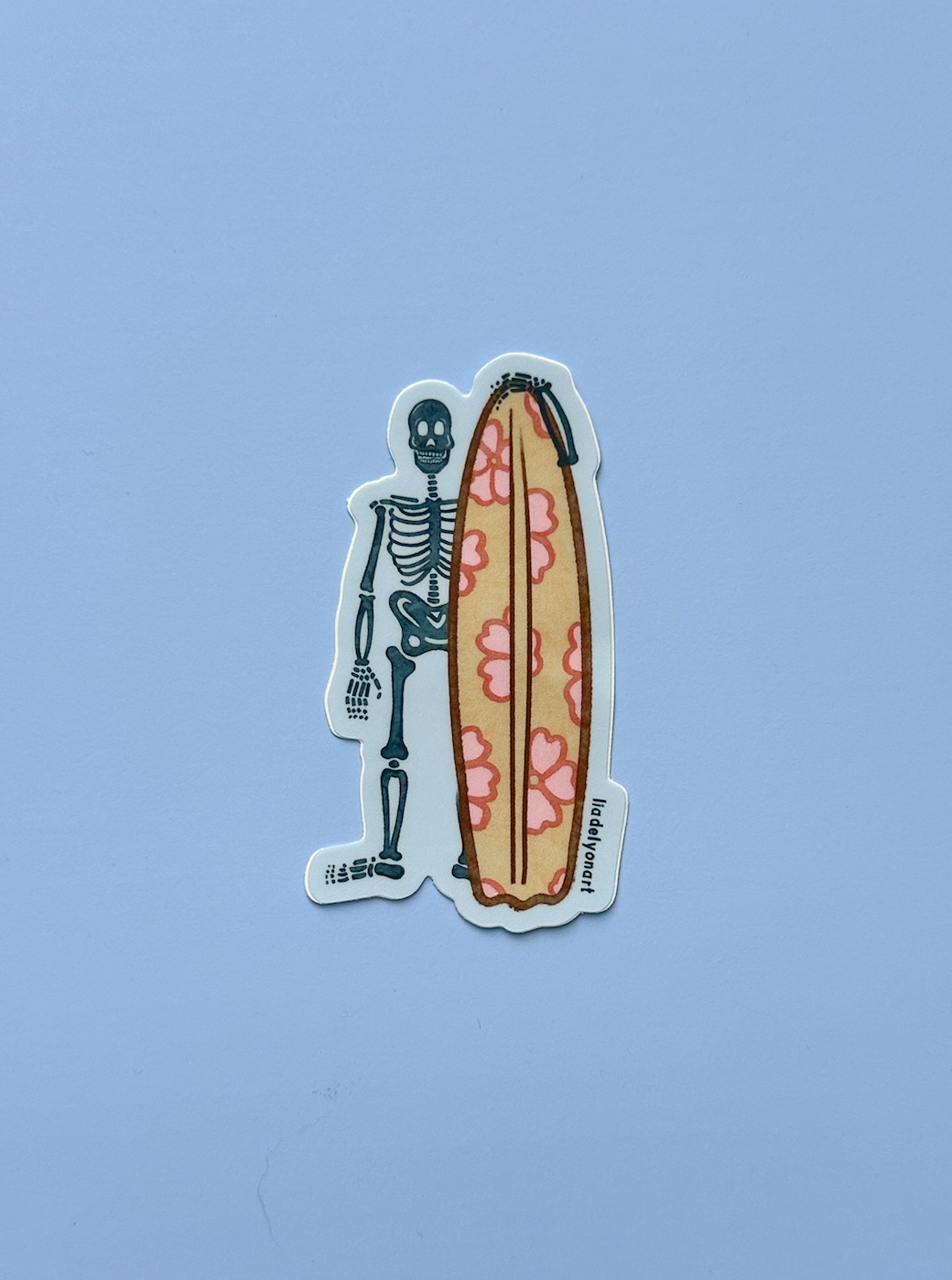 Skeleton Surfer Dude Vinyl Sticker, 1.6x3 in.