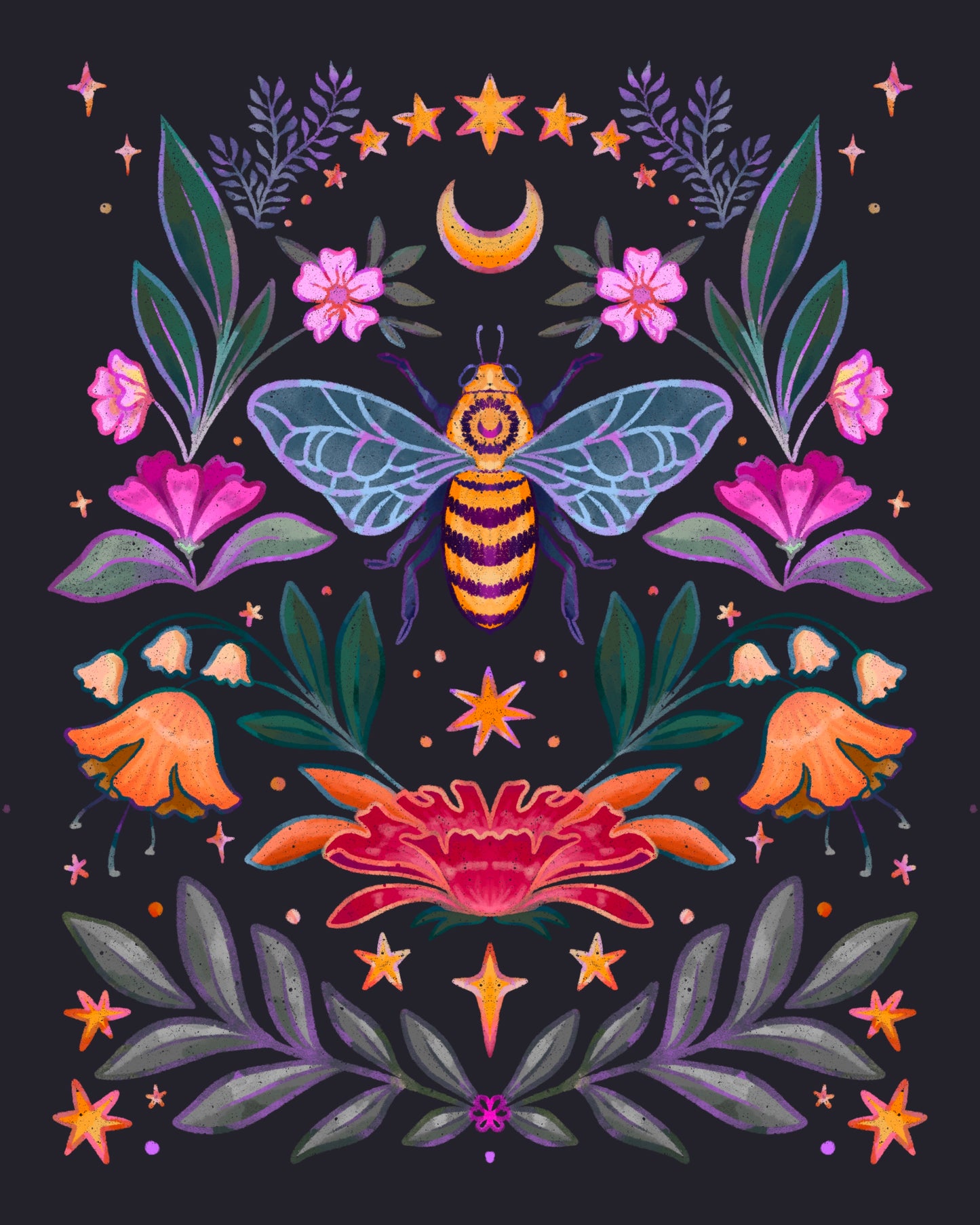 Bee and Flowers Art Print, 8x10 in.