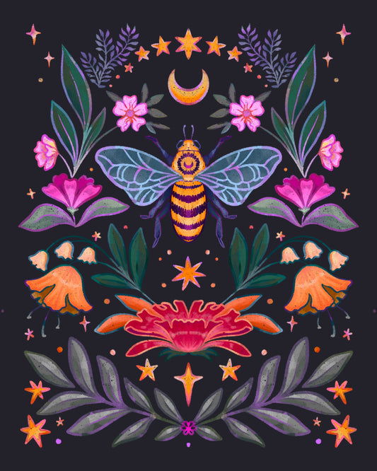 Bee and Flowers Art Print, 8x10 in.