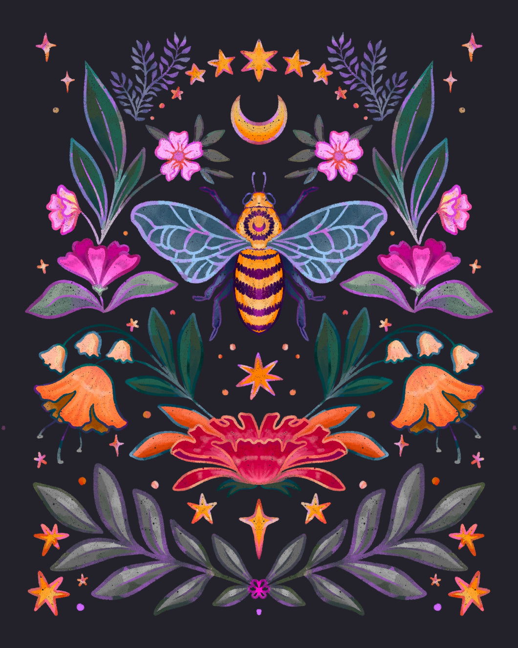 Bee and Flowers Art Print, 8x10 in.