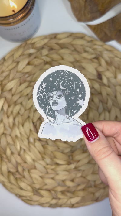 Starry Haired Goddess Vinyl Sticker, 3x2 in.