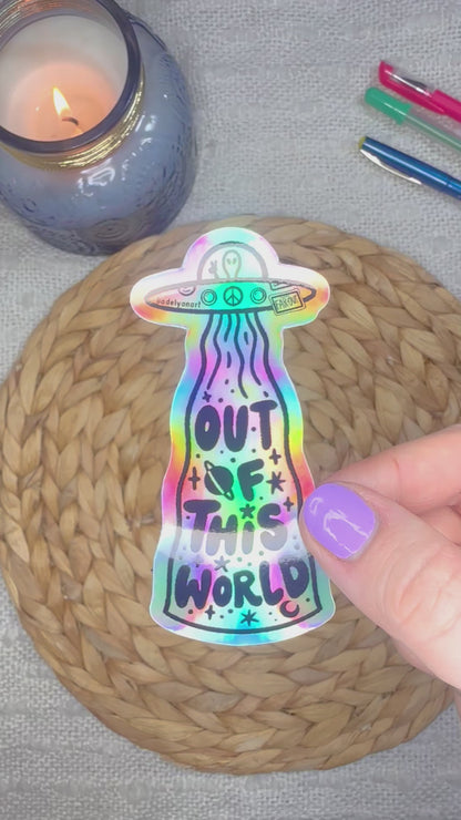 UFO Alien Holographic Sticker, 3.5x1.6 in.