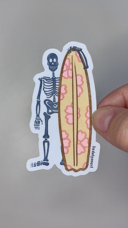 Skeleton Surfer Dude Vinyl Sticker, 1.6x3 in.