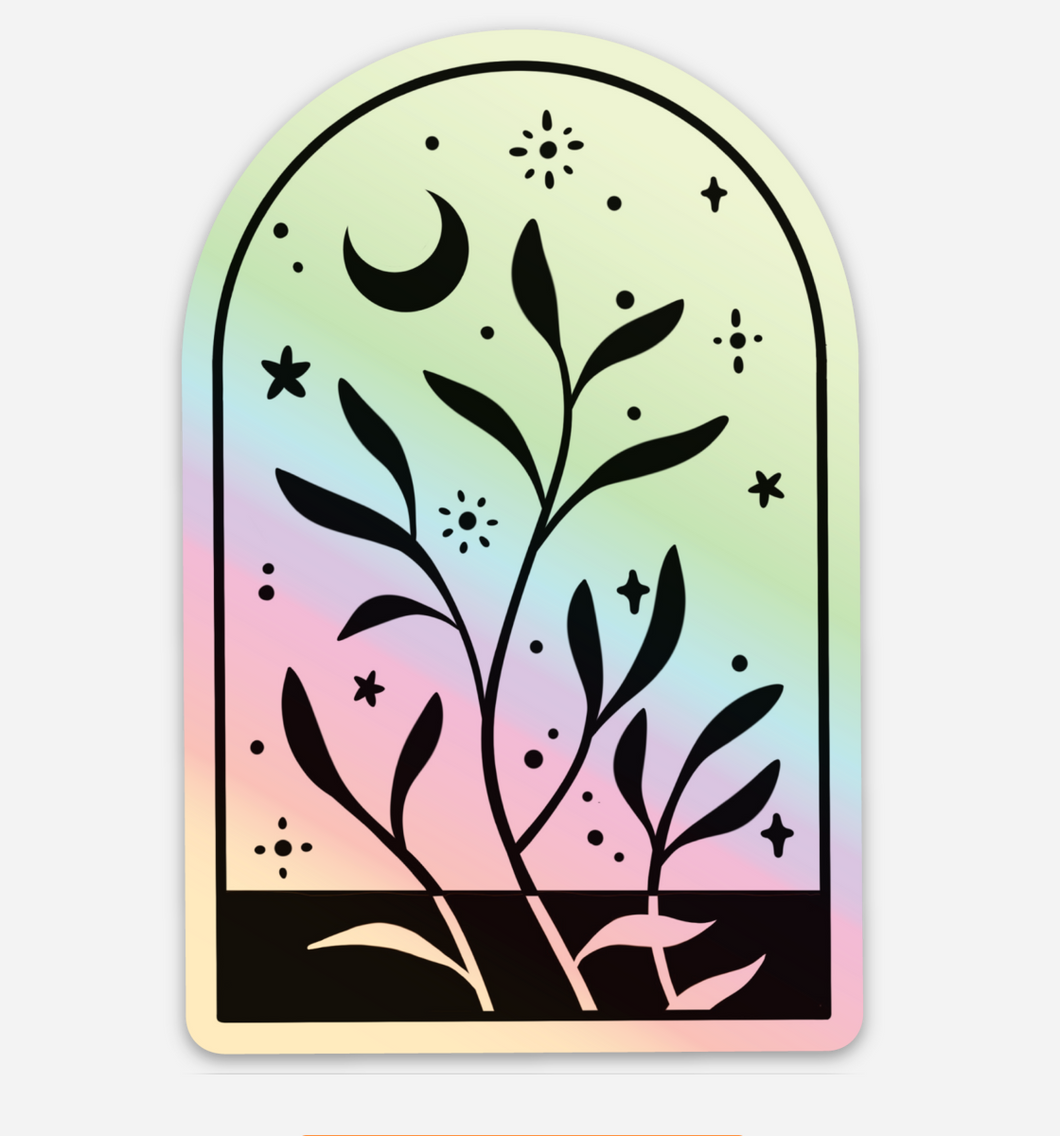 Leaf and Stars Arch Holographic Sticker, 3.7x2.6 in.
